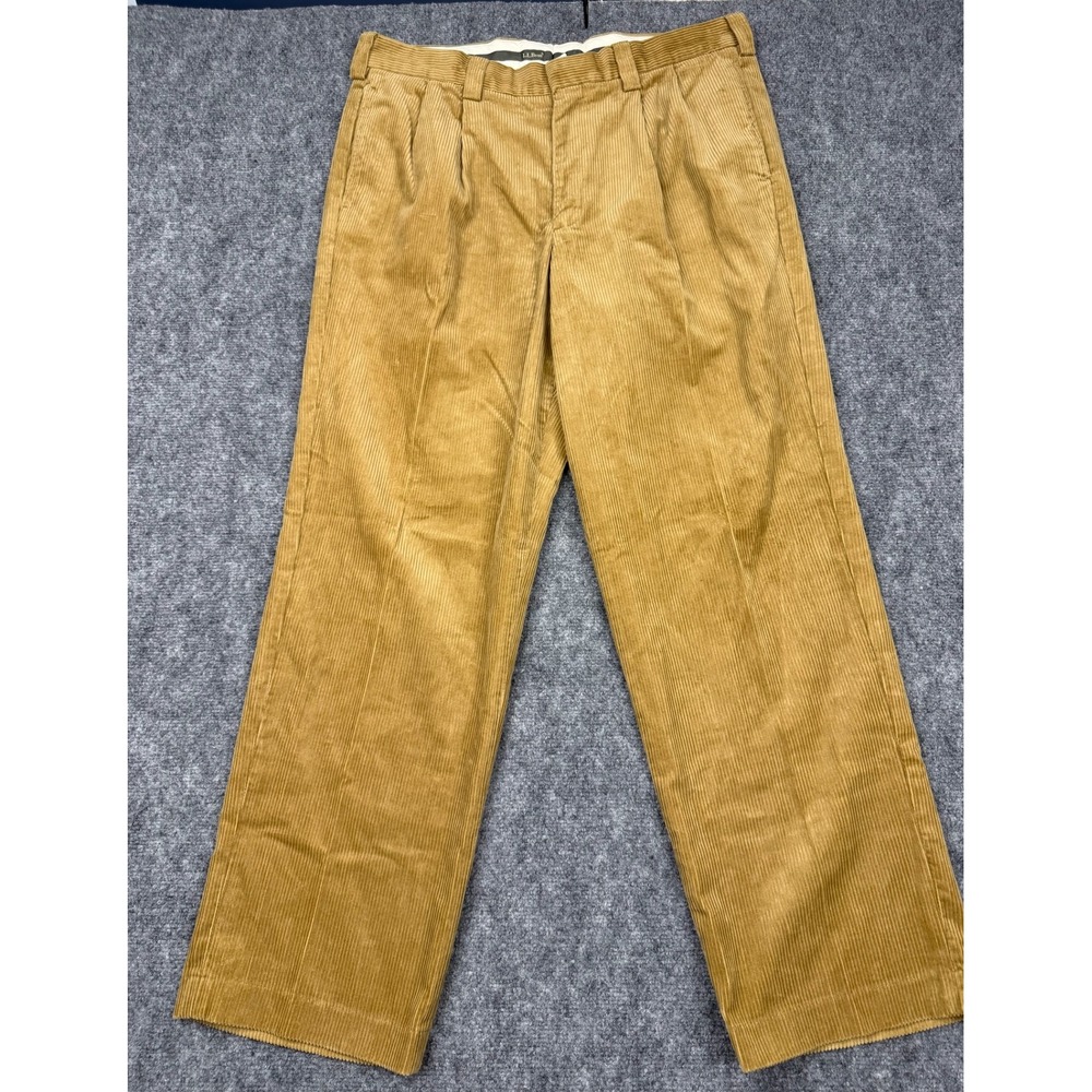LL Bean Mens Corduroy Pleated Pants Tan Brown 36x30 Straight Leg Trousers